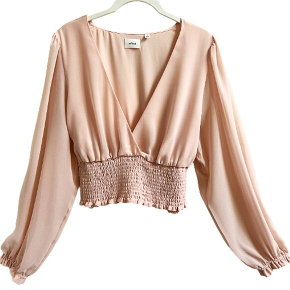 Wilfred Tops - Aritzia Wilfred Wistful Smocked V-Neck Sheer Long Sleeve Blouse Coral Blush XL